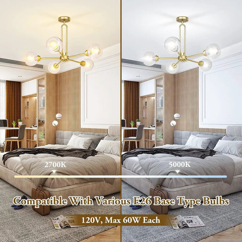 Gold Globe Giant Pendant Chandelier 5 Light Sputnik Ceiling Fixture With Dope Clear Glass Shades for modern bedroom