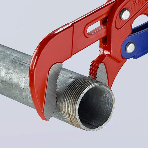 Swedish Pattern Pipe Wrench With S Shape Fast Adjust And Self Locking Action gripping metal pipe securely, showing red jaw details
