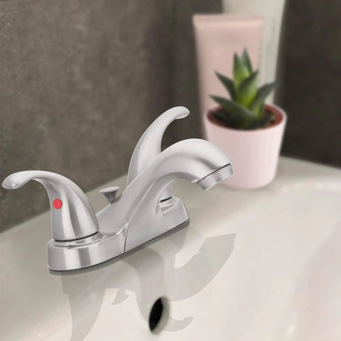Two Handle Bathroom Sink Faucet With WaterSense Certification In Polished Chrome Slick Curved Design on a vanity