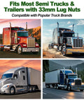 Four semi trucks showcasing 33mm Lug Nut Covers Push On For Semi Trucks And Trailers Chrome ABS Plastic Bullet Flanged Caps 60 Pack