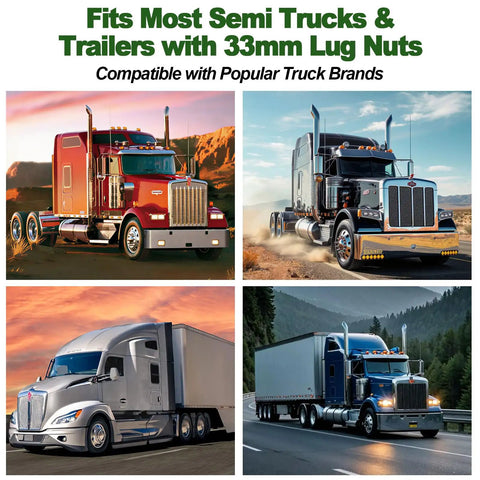 Four semi trucks showcasing 33mm Lug Nut Covers Push On For Semi Trucks And Trailers Chrome ABS Plastic Bullet Flanged Caps 60 Pack