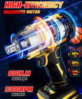 Cordless Impact Wrench 800Nm High Torque Beefy Brushless Motor 1/2 Inch Drive 3300 RPM in high-efficiency visual display