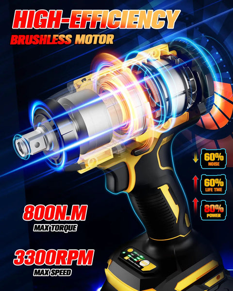 Cordless Impact Wrench 800Nm High Torque Beefy Brushless Motor 1/2 Inch Drive 3300 RPM in high-efficiency visual display