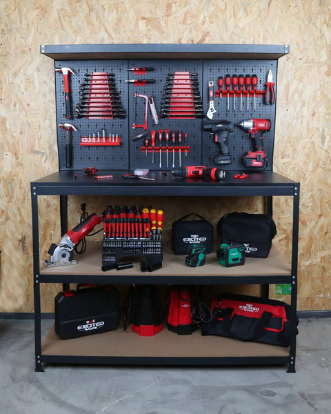47 Inch Workbench With Pegboard And Double Storage Platform, Multipurpose Tool Organizer For Garage Workshop And Home Projects