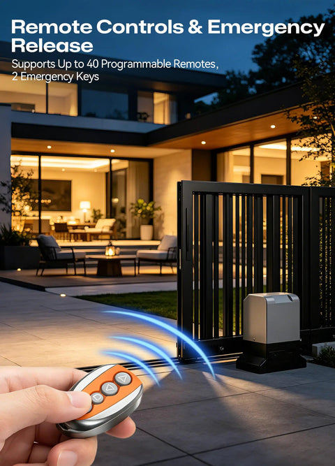 Smart Sliding Gate Opener With Wifi Bluetooth App Control For Up To 40 Ft And 1800 Lb Gates featuring remote control and gate opener.