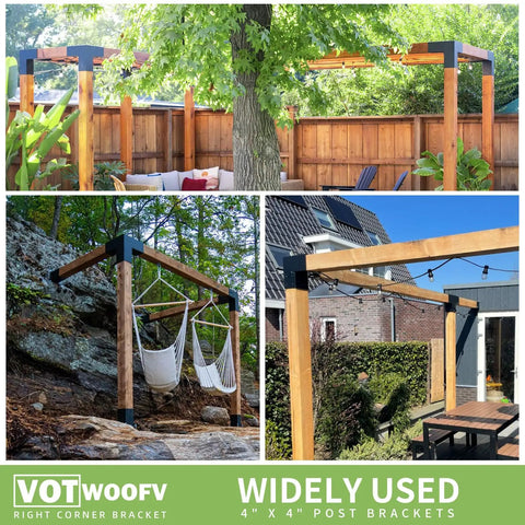 Image of outdoor structures using 4 Pack 3-Way Right Angle Pergola Bracket Kit For 4x4 Wood Beams Tough As Nails Cast Iron With Galvanized Waterproof Layer And Black Powder Coat Easy 0.98 Inch Slot Insertion Outdoor Gazebos Patios Log Cabins.