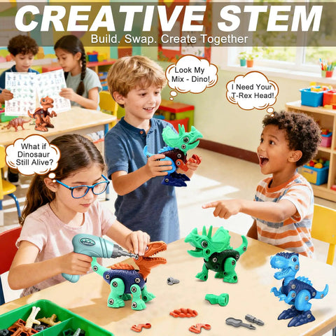 Children assembling Take Apart Dinosaur Toys For Kids Aged 3 To 8 STEM Construction Building Kit With Electric Drill.