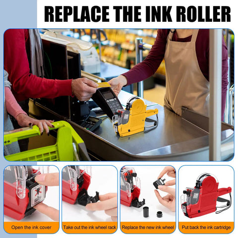 Guide on replacing the ink roller for Three Set Price Gun Labeler Kit With Fifteen Thousand Blank White Labels And Three Ink Rolls.