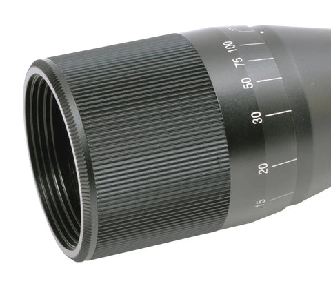 Close-up of parallax adjustment on 3-9x40AO Rifle Scope for.177 and.22 Magnum spring air rifles with 40mm objective