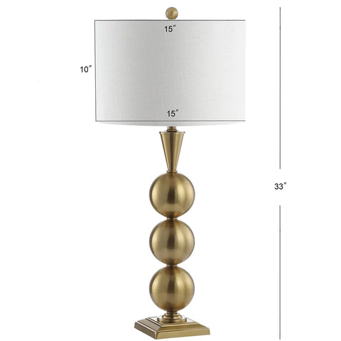 Brass Gold Stacked Orb LED Table Lamp 33 Inch Tall With White Linen Drum Shade Dope Modern Transitional Bedside Or Living Room Light LED Bulb Included Energy Saving ETL Listed For Safety showing full lamp view with dimensions.