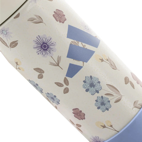 Double Wall Vacuum Insulated Metal Water Bottle With Secure Straw Lid Keeps Drinks Ice Cold Through The Daily Grind And On The Go Hustles For Gym Goers And Office Crews with floral design and blue accent.
