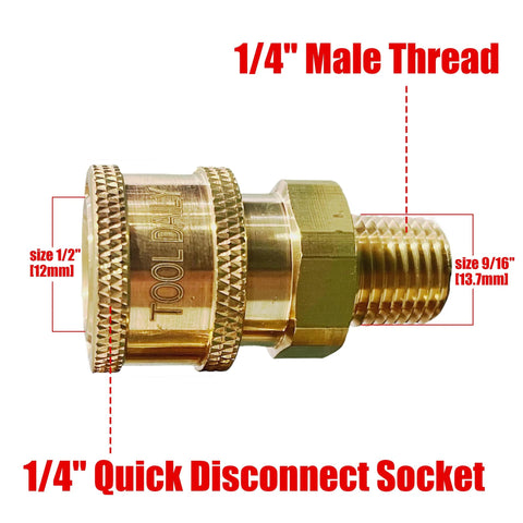 Brass 1/4-inch quick-disconnect pressure washer fitting, female NPT socket to male-thread end