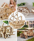 Basswood sheets collage: unfinished 12x12x1/8 inch sheets used to build a dollhouse, airplane and car models.