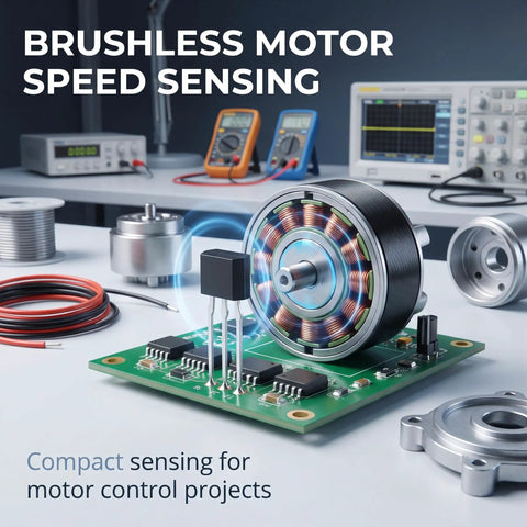 Top Shelf Black Hall Effect Sensors OH49E SS49E Model on a circuit board with brushless motor for electronics projects.