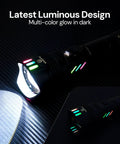 Ridiculously Bright 100000 Lumens USB C Rechargeable LED Flashlight glowing in the dark on black surface