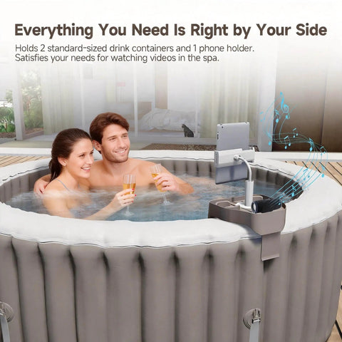 Hot Tub Table Tray With Adjustable Phone Holder And Dual Drink Caddies For Outdoor Pools And Spas, Easy Tool Free Setup
