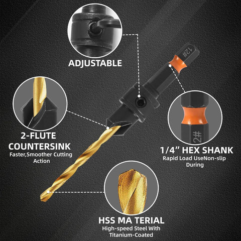 YQANDL 12-pc HSS adjustable countersink drill bit set with magnetic extension and storage box front view
