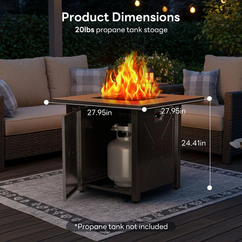 28 Inch Propane Fire Pit Table, 3 In 1 Outdoor Gas Fire Pit with lid and lava rock, 50,000 BTU steel fire pit on patio