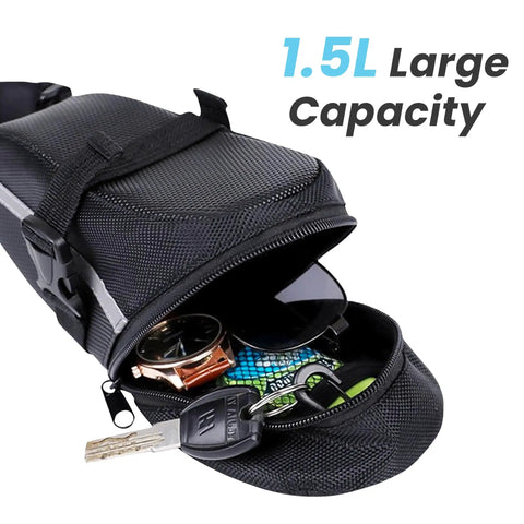 Ride Ready Under Seat Bike Saddle Bag Ultra Durable PU Diamond Grid Pouch open showing contents 1.5L capacity
