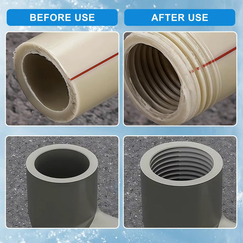 PVC Pipe Threader Tool For Internal And External Threading With Electric Drill Compatibility, Heavy Duty Metal Die For Quick Plumbing Repairs On 1/2 And 3/4 Inch PVC Pipes, Easy DIY Home Maintenance showing before and after threaded PVC pipe ends