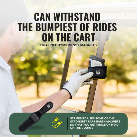 Golfer attaching Super Slim 2.0 Golf Rangefinder Magnetic Strap in black to a cart with strong magnetic hold.
