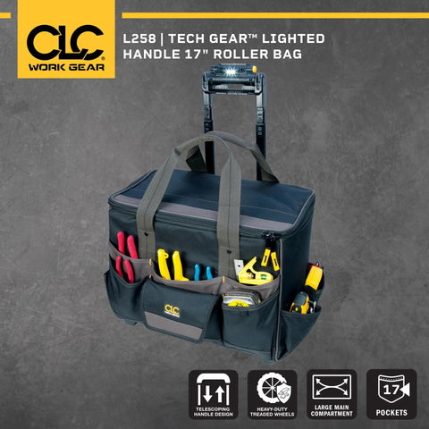 Roller Tool Bag With Lighted Handle 17 Inch TechGear L258 Rolling Tool Carrier With LED Illumination, front view with tools visible.