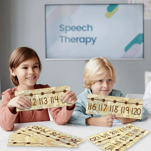 Children holding Travel Map Number Line Set From Negative 20 To Positive 120 For Math Class 29 Pieces with Adhesive Dots.