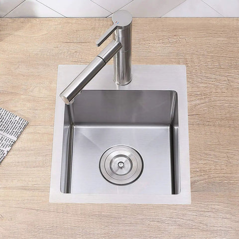 Drop In Bar Sink For RV Kitchen 15x15 Topmount Wet Bar, Single Bowl, Handcrafted 18 Gauge SUS304 Stainless Steel With Brushed Nickel Finish