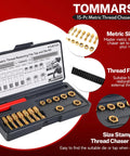 TOMMARS 15-Pc metric thread chaser set in a black case with brass dies and red-handled tool