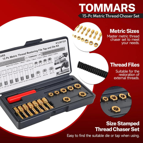 TOMMARS 15-Pc metric thread chaser set in a black case with brass dies and red-handled tool