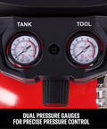 Craftsman 6 Gallon Oil Free Pancake Air Compressor With 25 Ft Hose 150 PSI Max 2.6 SCFM showing dual pressure gauges for accurate readings.