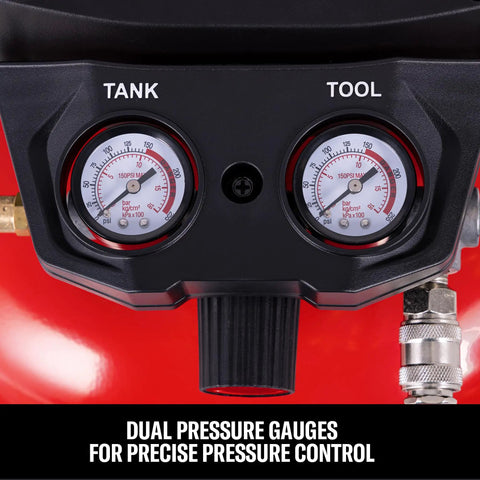 Craftsman 6 Gallon Oil Free Pancake Air Compressor With 25 Ft Hose 150 PSI Max 2.6 SCFM showing dual pressure gauges for accurate readings.