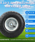 Two Pack 10 Inch Pneumatic Wheel Set With 4.10/3.50-4 Tire And 5/8 Inch Bearings, 2.2 Inch Offset Hub For Garden Cart Hand Truck Lawn Cart Mower Replacement Wheels Heavy Duty displayed against a grassy background with specifications highlighted.