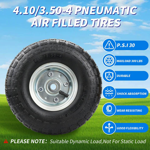 Two Pack 10 Inch Pneumatic Wheel Set With 4.10/3.50-4 Tire And 5/8 Inch Bearings, 2.2 Inch Offset Hub For Garden Cart Hand Truck Lawn Cart Mower Replacement Wheels Heavy Duty displayed against a grassy background with specifications highlighted.