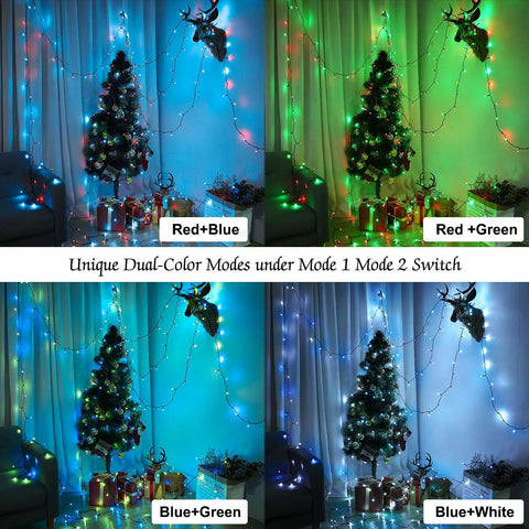 Color Changing String Lights With Remote Over 262 Feet Of 800 LED Indoor Outdoor Fairy Lights RGB Christmas Decor For Home Patio And Yard Lit Vibe For Parties, showing dual-color modes on a Christmas tree.