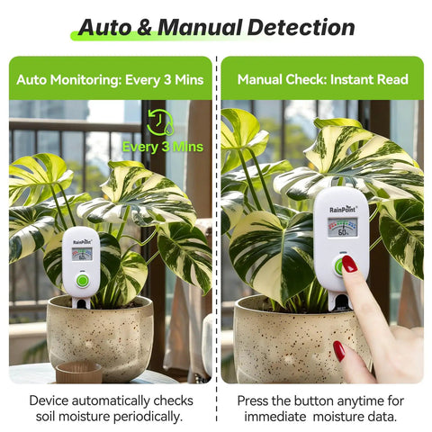 Smart Wireless Plant Moisture Meter with Visual Gauge in potted plant, showing auto and manual moisture checks indoors.