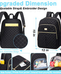 Womens Lunch Backpack With 20L Insulated Cooler, shows dimensions, quilted design, side pockets for bottle, front zipper pockets.