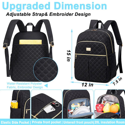 Womens Lunch Backpack With 20L Insulated Cooler, shows dimensions, quilted design, side pockets for bottle, front zipper pockets.