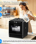 Compact Countertop Dishwasher Portable Unit With Smart Touchpad And 5 Liter Built Tank Ultra Quiet 40 Db Cycle No Sweat Install pouring water into tank.