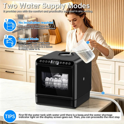 Compact Countertop Dishwasher Portable Unit With Smart Touchpad And 5 Liter Built Tank Ultra Quiet 40 Db Cycle No Sweat Install pouring water into tank.