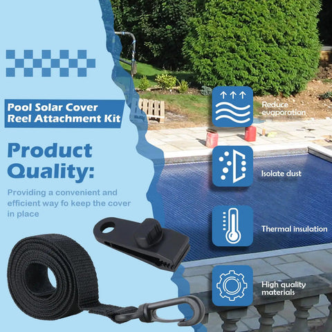 Heavy Duty Pool Solar Cover Reel Clips And Straps Kit Featuring Micro Serrated Teeth For Dead Simple Setup And Rock Solid Grip On Large Underground Swimming Pools 24 Piece Set with strap and clip.