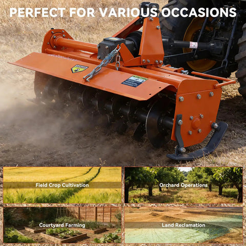 3 Point Rotary Tiller Attachment For Cat 1 Tractors 37 Inch Working Width 4.7 Inch Max Depth 540 RPM Gearbox in field
