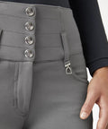 Close-up of Tara High Waist Silicone Knee Patch Horse Riding Breeches For Women, Steel Grey, Size 26, showing 4-button closure and pocket detail