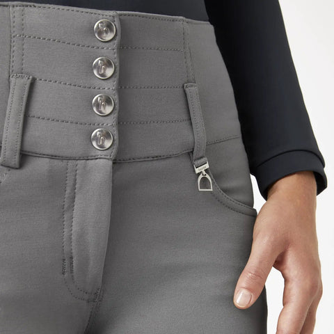 Close-up of Tara High Waist Silicone Knee Patch Horse Riding Breeches For Women, Steel Grey, Size 26, showing 4-button closure and pocket detail
