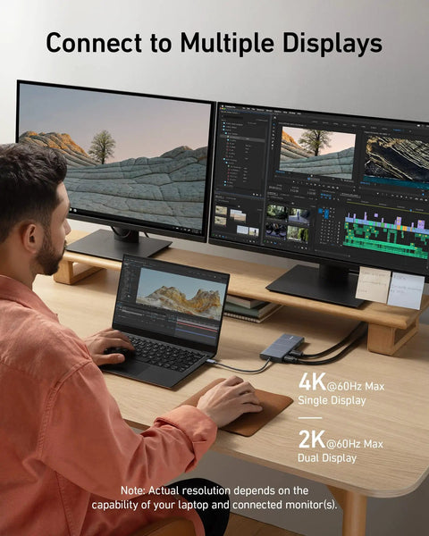 Person using 11-In-1 USB-C Docking Hub For Laptops With Dual 4K Monitors, 10Gbps USB-C And USB-A Data Ports, 4K HDMI And DisplayPort