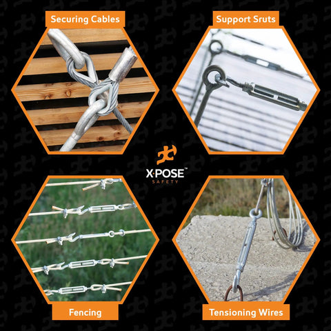 Various uses of Five Sixteenths Inch Hook And Eye Turnbuckle Beefy Heavy Duty Galvanized Steel Tensioner for cables and wires.