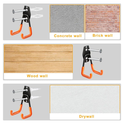 Heavy Duty Wall Hook Set 2 Pack For Garage Storage Durable Metal Wall Mount Hooks for ladders, tools on various wall types
