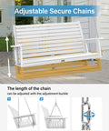 Two Seat Outdoor Porch Swing Bench With Chains All Weather Construction Real Wood Look Garden Or Courtyard Swing For Patio Supports Up To 660 Pounds 4 Feet Wide White with adjustable secure chains.