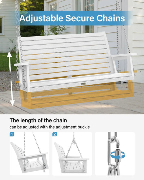 Two Seat Outdoor Porch Swing Bench With Chains All Weather Construction Real Wood Look Garden Or Courtyard Swing For Patio Supports Up To 660 Pounds 4 Feet Wide White with adjustable secure chains.