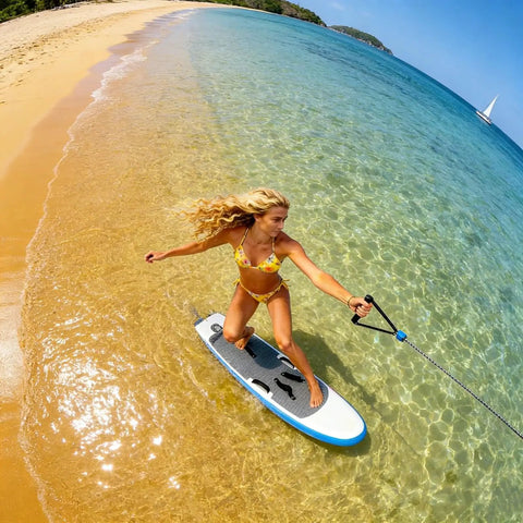 Person using Go-To Wind Wingfoil And Hydrofoil Board Kit With Inflatable Wing Pack for Portable Foiling on clear water beach.